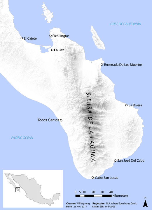 Map showing the Sierra de la Laguna Mountain Range