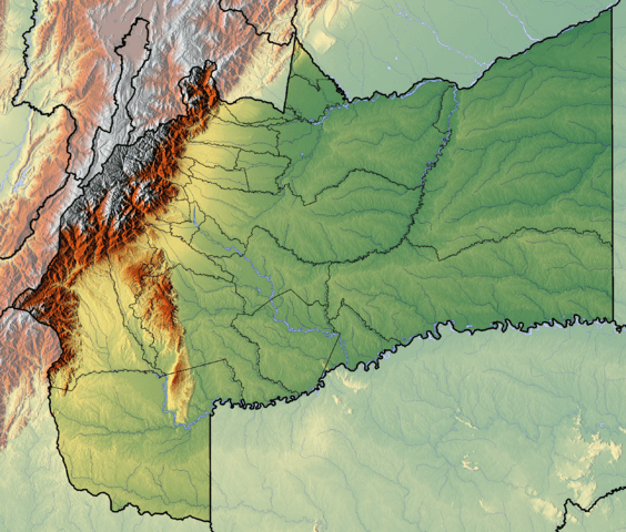 Topographic map of Meta Dept in Colombia: depicting Serranía de la Macarena and Cordillera Oriental