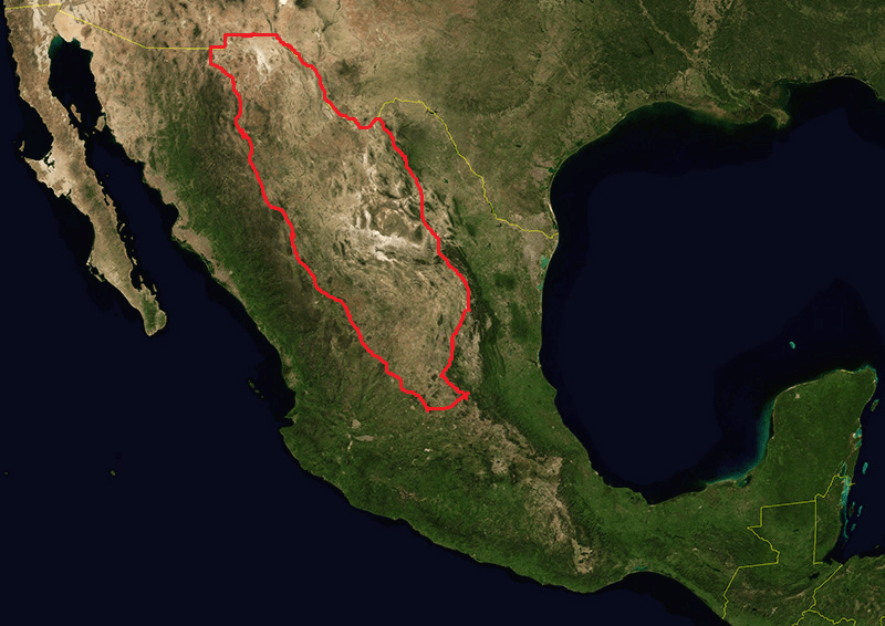 Rough location of the Mexican Plateau.
