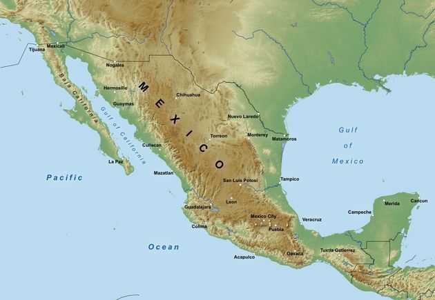 Physical map of Mexico