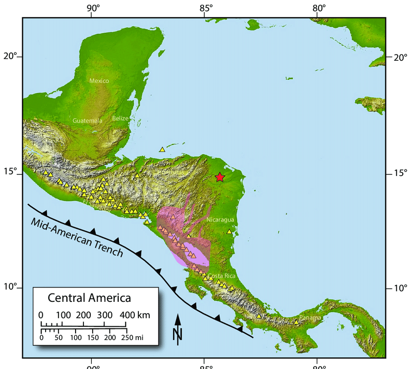 The Central American volcanic arc with the Mid-American trench to the southwest.