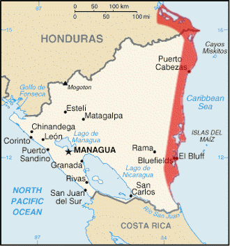 Map depicting the area of the Mosquito Coast