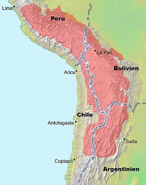 Map showing the location (in red) of the Altiplano-Puna plateau in South America