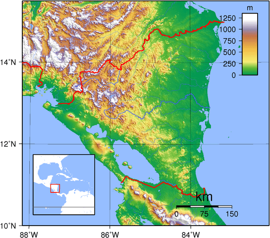 Topographic map of Nicaragua