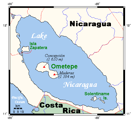 Map showing Ometepe in Lake Nicaragua