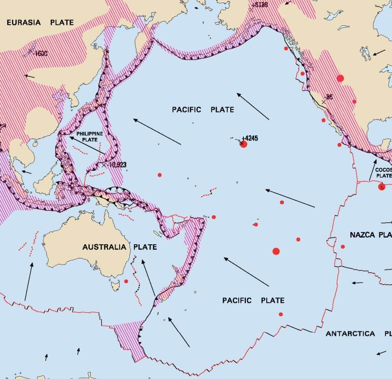 Map of the Pacific Plate boundaries and relative motion