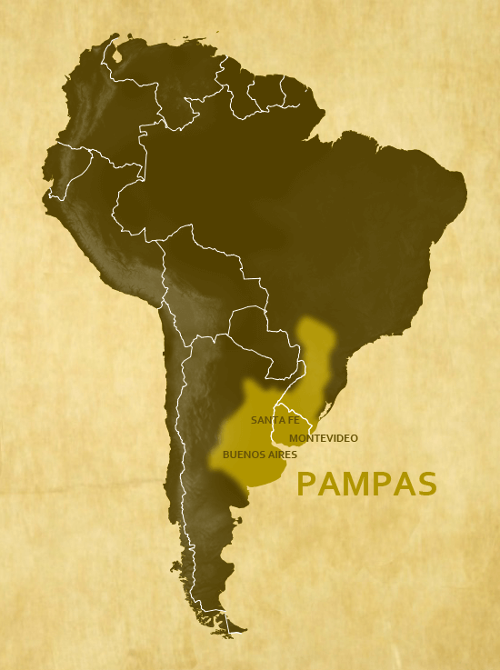South America map, indicating the extent of the Pampas.