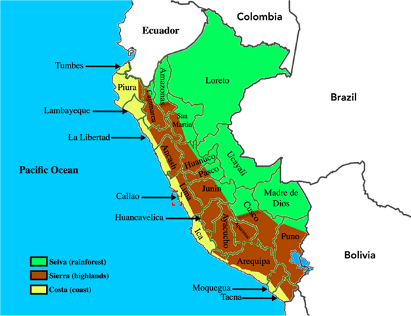 Map of Peru, showing its three geographical regions and 25 departments