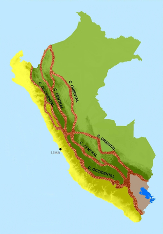 Map of Peru and its cordilleras: the Cordillera Blanca is located in the north-central part of the Cordillera Occidental