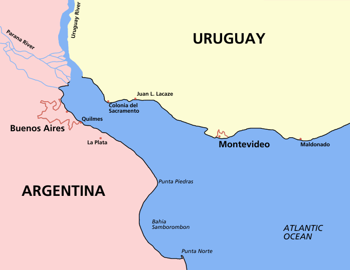 Map of the Río de la Plata, River Plate or [La] Plata River, between Argentina and Uruguay in South America