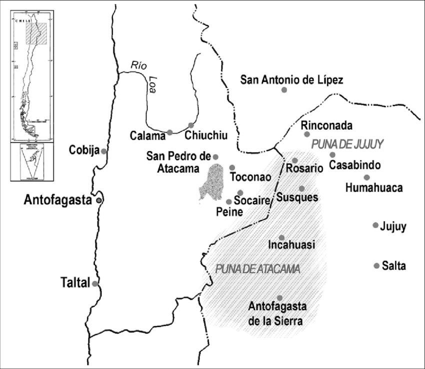 Map depicting the approximate location of the Puna de Atacama in Argentina and Chile.