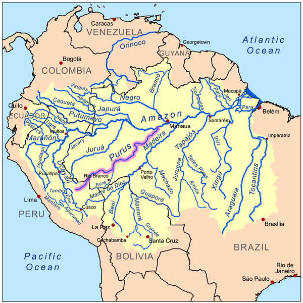 Map of the Amazon basin with the Purus River highlighted