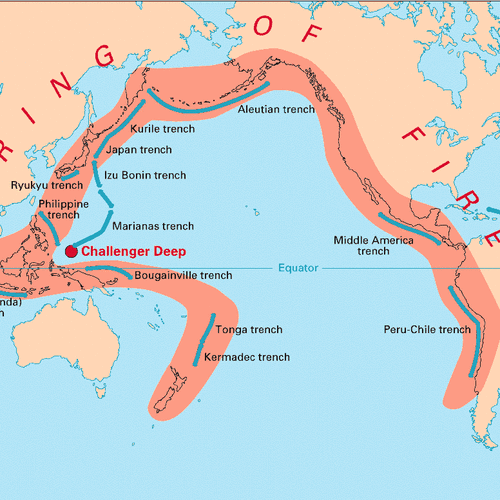Map of volcanic arcs and oceanic trenches forming the Ring of Fire