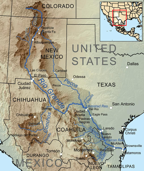 Map showing the Rio Grande/Río Bravo and its tributaries within its drainage basin