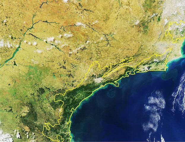 Satellite picture of Serra do Mar coastal forests ecoregion (within yellow line). The deforestation (tan areas) of the ecoregion is visible.