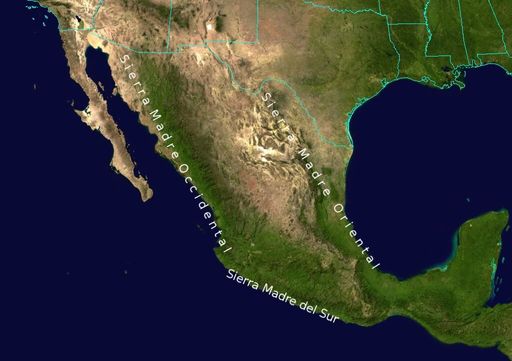 Geographical view of Mexico's  mountain ranges Sierra Madre Oriental, Sierra Madre Occidental and Sierra Madre del Sur