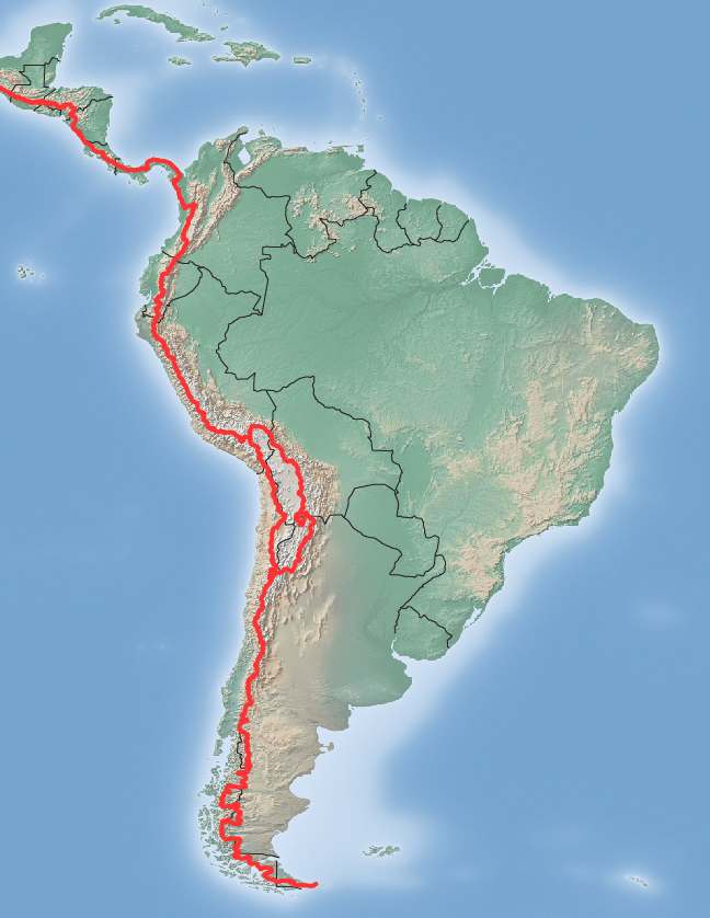 Map depicting the location of the Continental Divide in Central America and South America