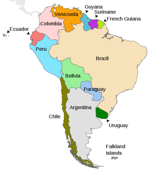 Map of the continent of South America
