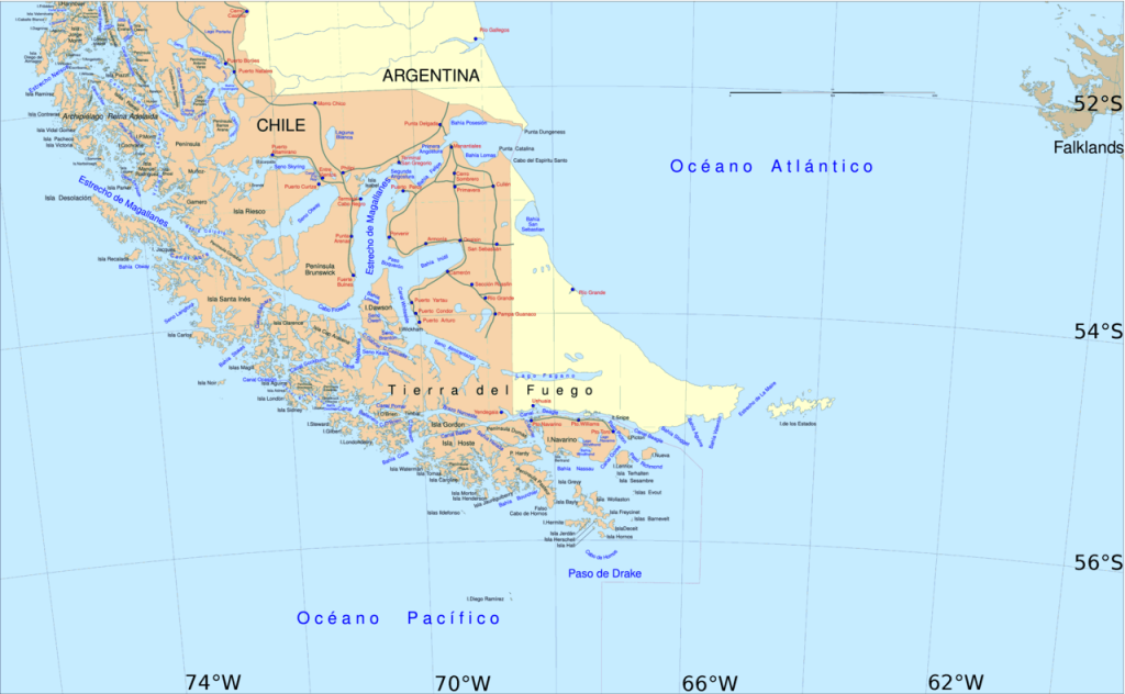 Map of the southern tip of South America / Tierra del Fuego.