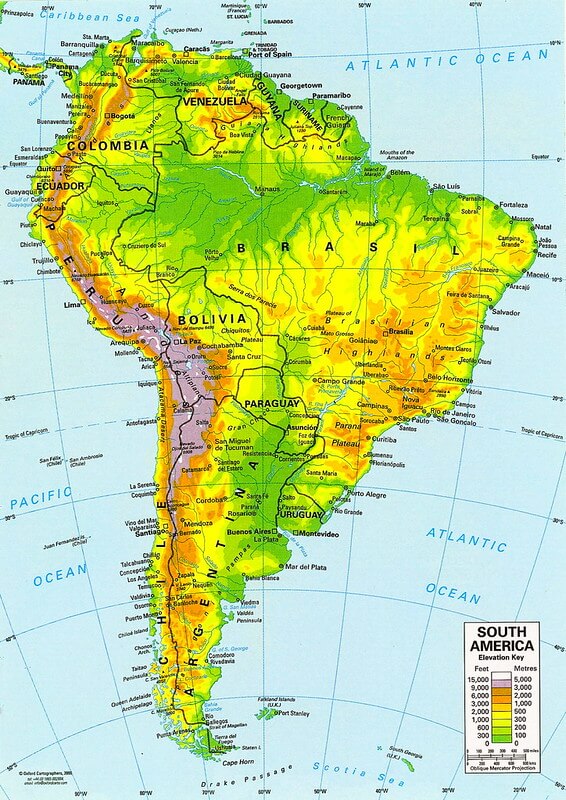 Topographical map of South America.