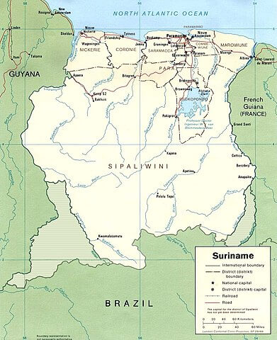 Map of Suriname illustrating disputed border territories
