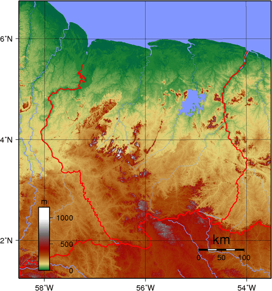 Map depicting the topography of Suriname