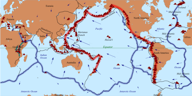 Map showing the locations and motions of tectonic plates, Ring of Fire and volcanoes