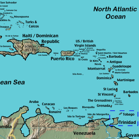 Map depicting the location of the Trinidad and Tobago moist forests (islands in the blue box, lower right)