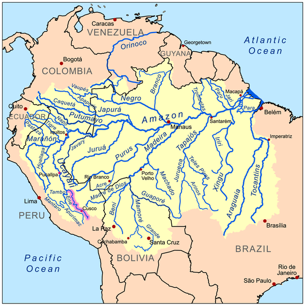 Map depicting the Amazon Basin with the Urubamba River highlighted.