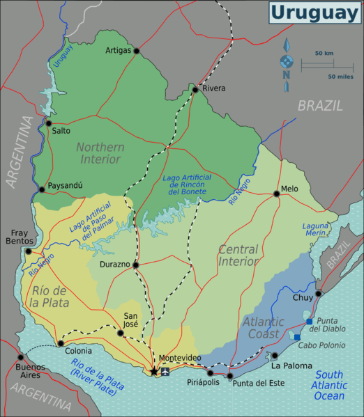 Map depicting the geographic regions of Uruguay