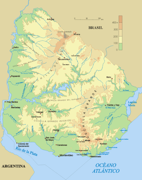 Topographical map of Uruguay