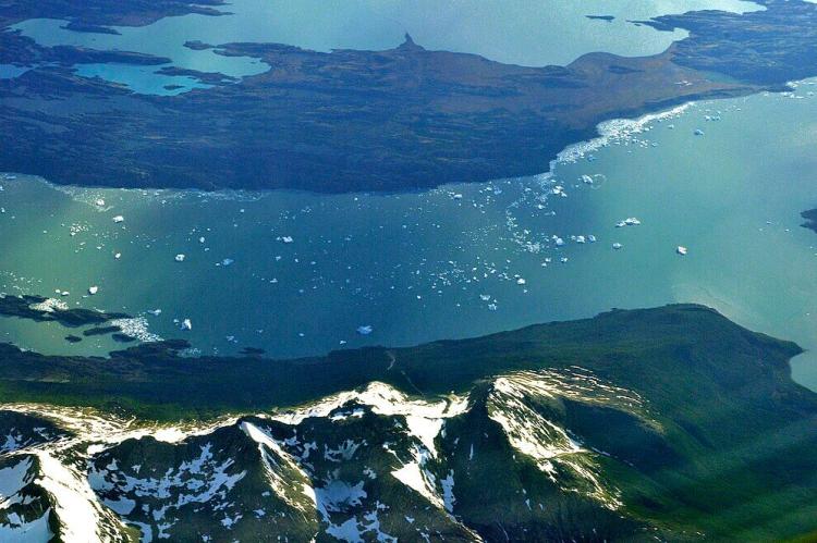 Aerial view of Upsala inlet of Argentino Lake, with icebergs. Santa Cruz, Argentina
