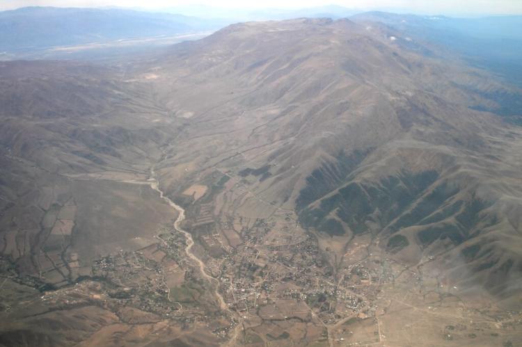 Aerial view of Tafí del Valle, at the foot of Cerro El Negrito, Cumbres Calchaquíes, Argentina