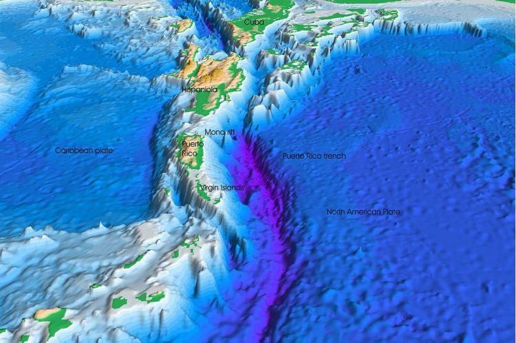  Perspective view of the sea floor of the Atlantic Ocean and the Caribbean Sea. The Lesser Antilles are on the lower left side of the view and Florida is on the upper right. The purple sea floor at the center of the view is the Puerto Rico trench, the deepest part of the Atlantic Ocean and the Caribbean Sea.