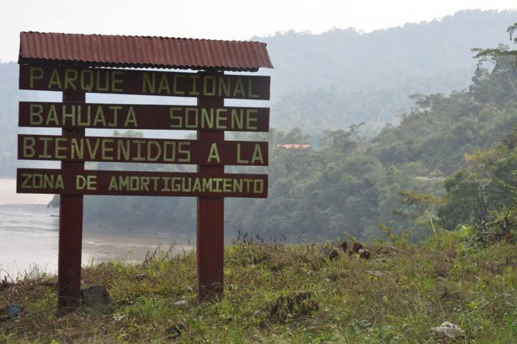 Entrance sign to buffer zone of Bahuaja-Sonene National Park (Peru)