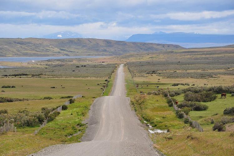 Route Y-50 crossing Patagonian grasslands, Chile