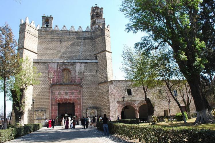 Facade of church and cloister of San Miguel Arcangel in Huejotzingo, Puebla, Mexico