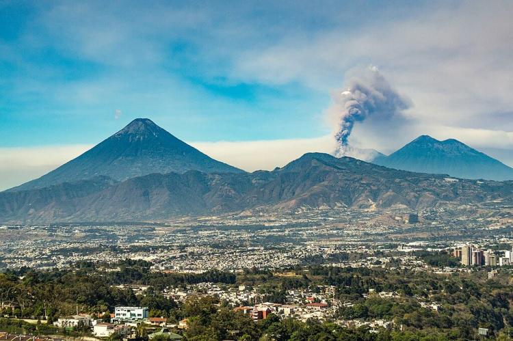 View of erupting Fuego Volcano from Guatemala City, Guatemala