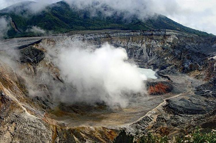 Panoramic view of Poás volcano crater with fumarole activity, Poás National Park, Alajuela, Costa Rica