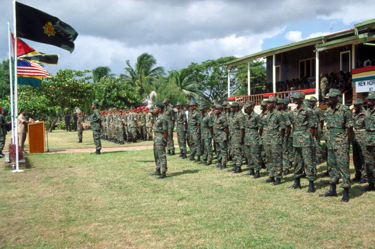 Guyana Defense Force soldiers stand in formation during an opening ceremony