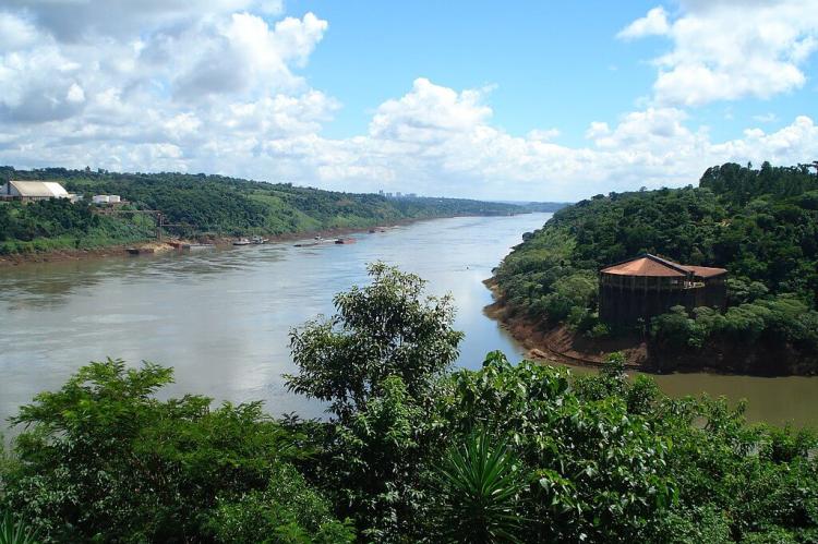The triple frontier of Argentina, Brazil and Paraguay at the confluence of the Iguazu River (right) and the Parana (left). At the bottom of the image is Argentina, Brazil is at the top right, and Paraguay is to the left.