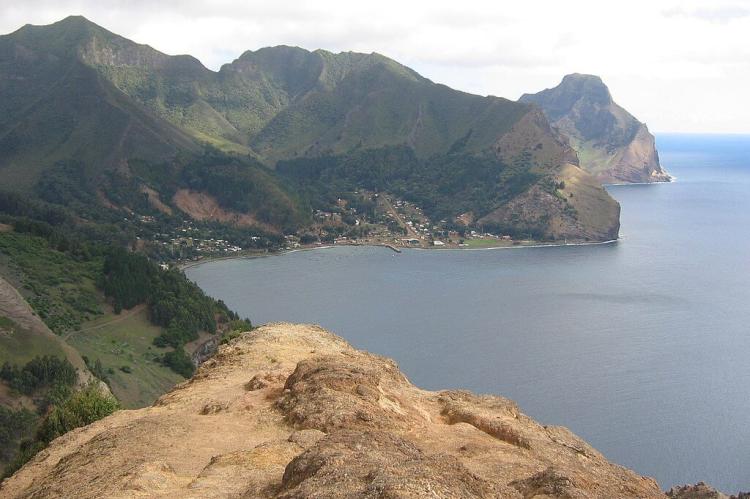 View of Robinson Crusoe Island - coast and mountains, in the Archipielago Juan Fernandez, Chile