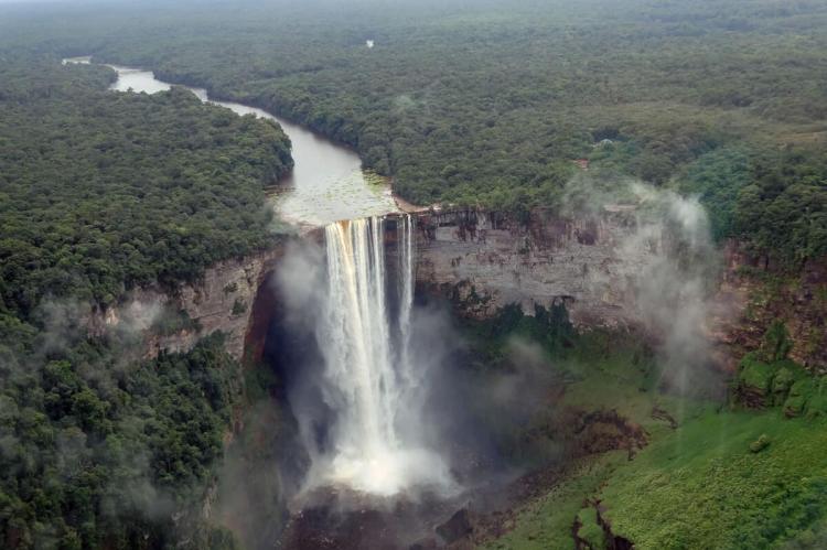 Aerial view of the Potaro River flowing over the Kaieteur Falls, Guyana
