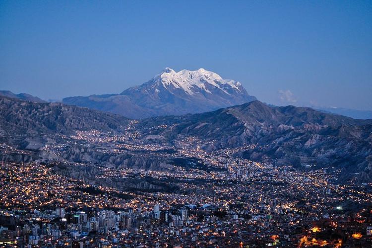 View of La Paz from El Alto with the Illimani mountain in the background, Bolivia