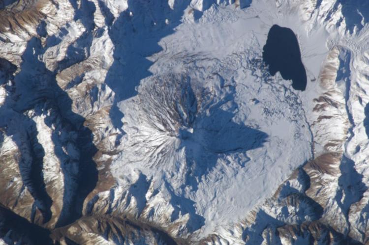 NASA photo of the Maipo volcano with Lake Diamante