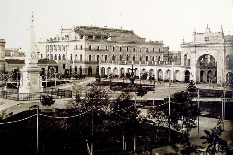 The first theater (left), in front of Plaza de Mayo in 1881, Buenos Aires, Argentina