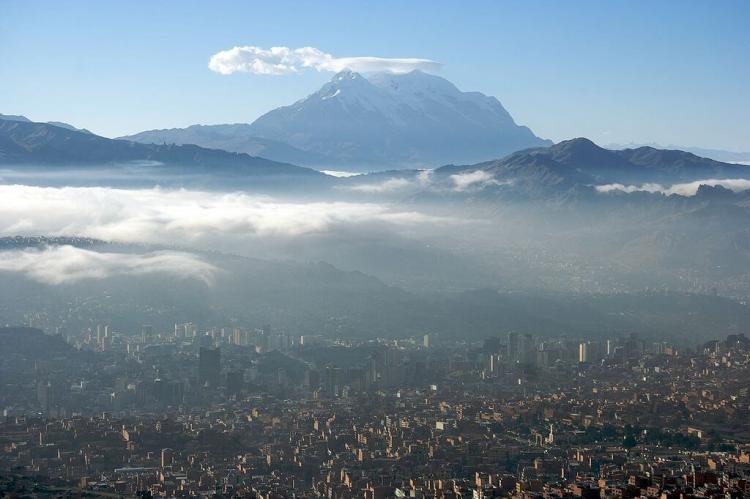 Panorama of La Paz in winter, with Illimani in the background