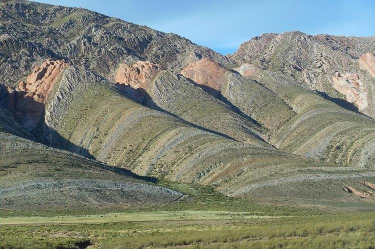 Vertical layers of rock on the Puna plateau, Jujuy Province, Argentina