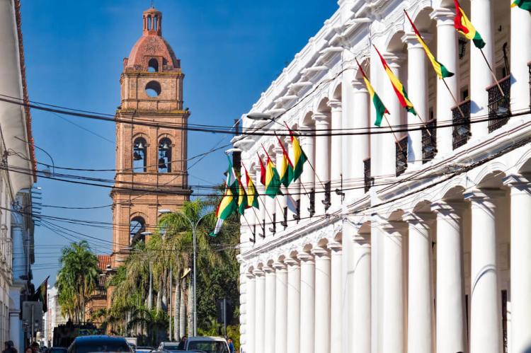 City Hall and bell tower of the Basílica Menor de San Lorenzo (St. Lawrence Basilica), Santa Cruz, Bolivia