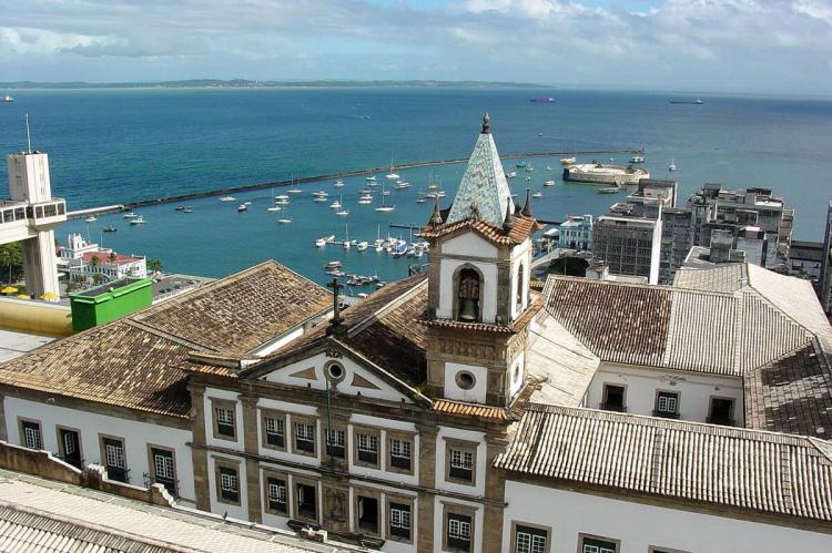 View over harbor area and Old Customs House in Salvador, Bahia state, Brazil